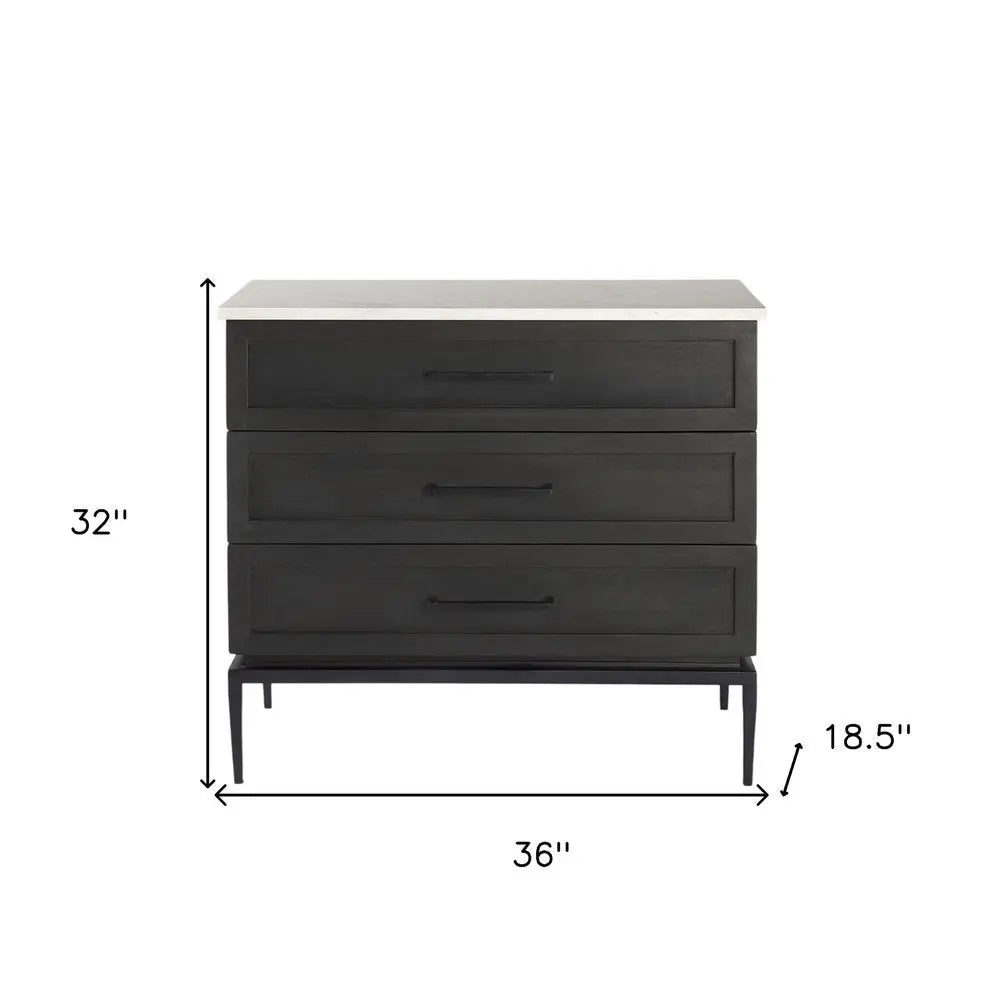 36" Black And White Solid Wood And Marble Three Drawer Dresser HomeRoots