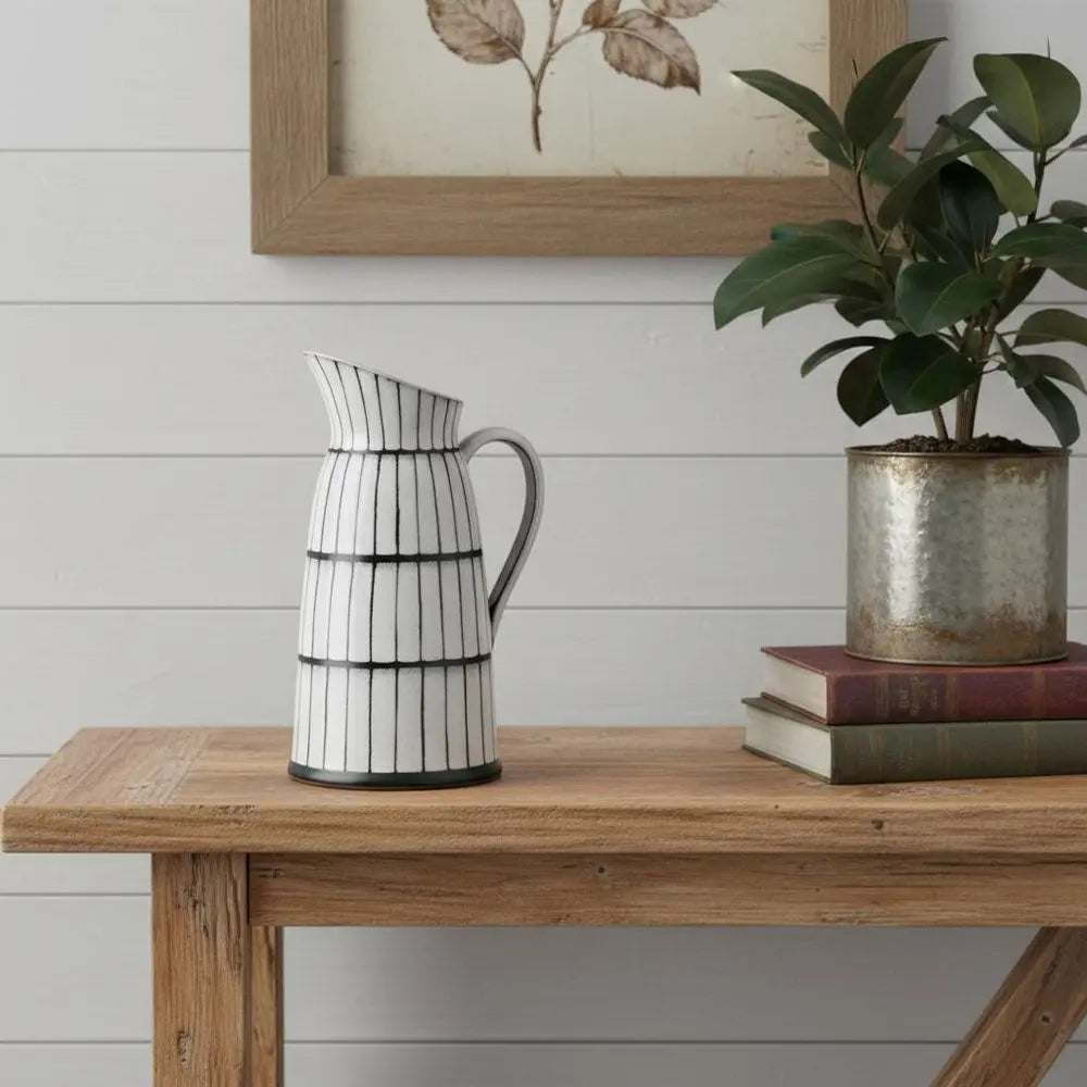 13" Black And White Ceramic Cylinder Jug Vase With Sculptural Details HomeRoots