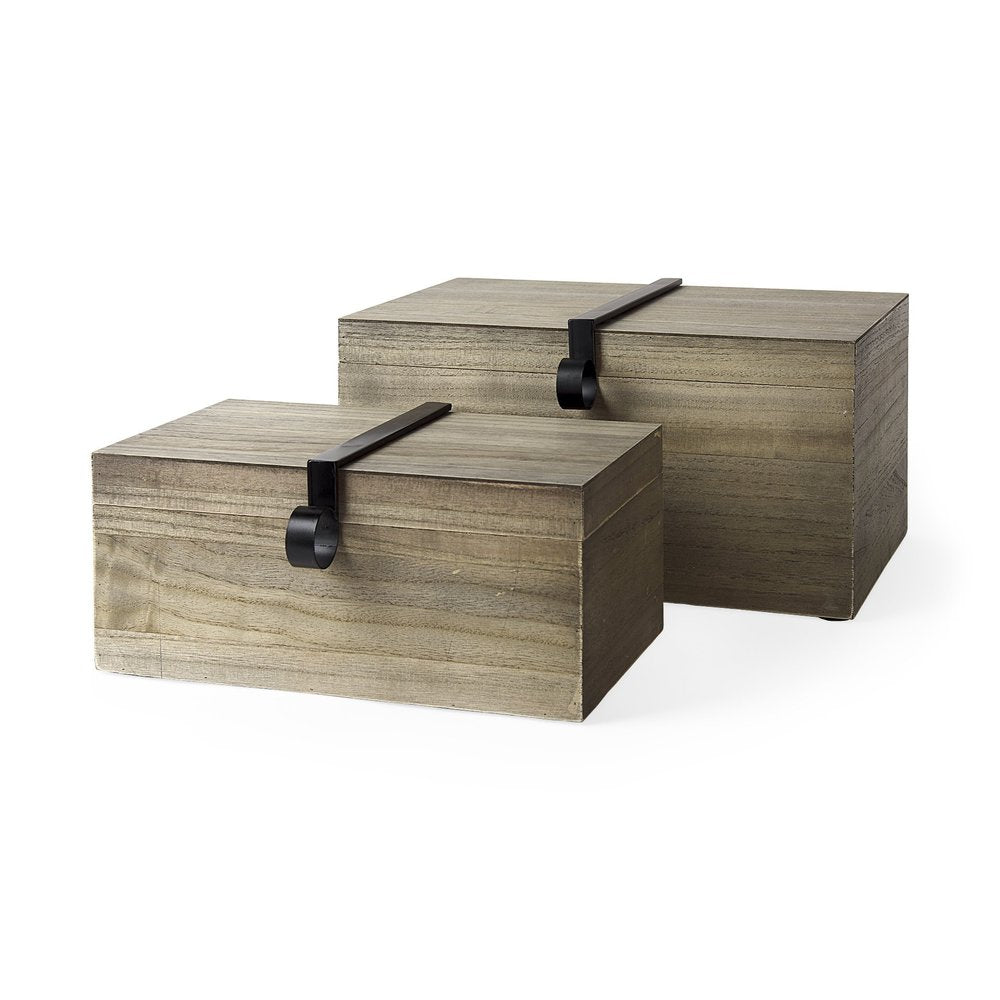 Set of Two Brown Solid Wood Box With Lid