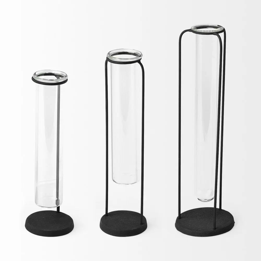 Set of Three Black Abstract Cylinder Metal Table Vase HomeRoots