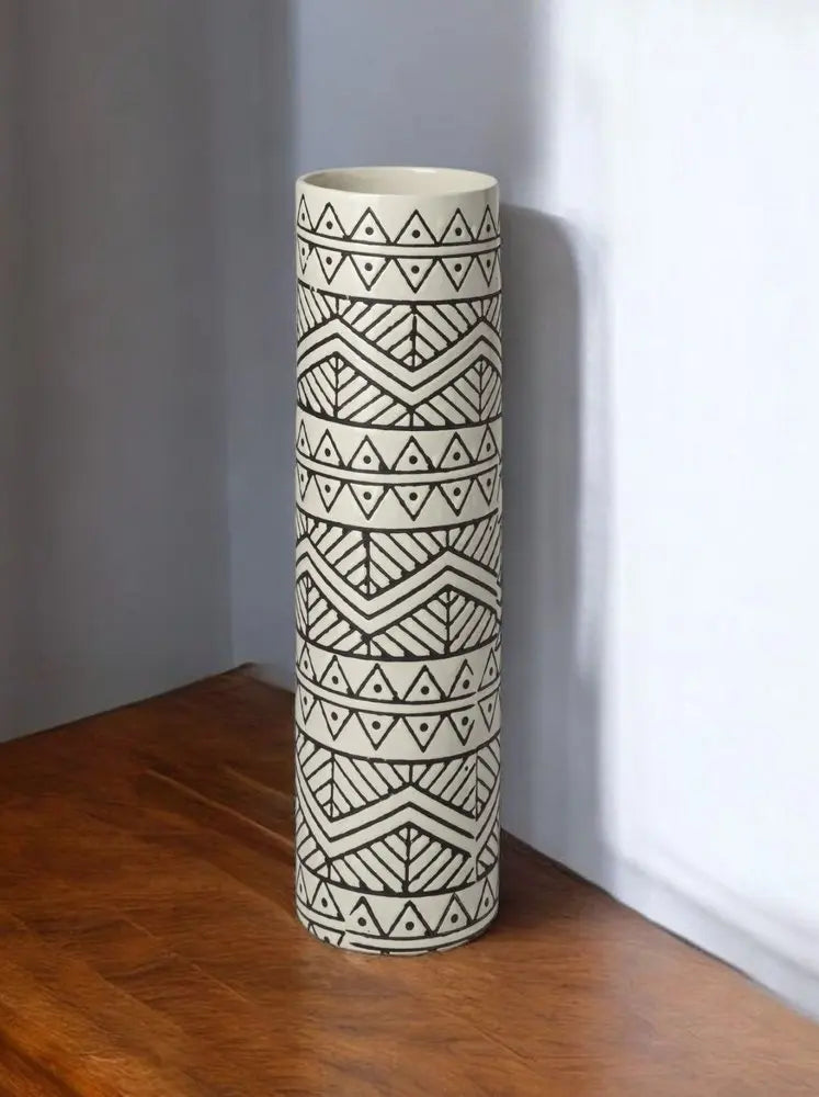 14" Cream Geometric Cylinder Ceramic Table Vase HomeRoots