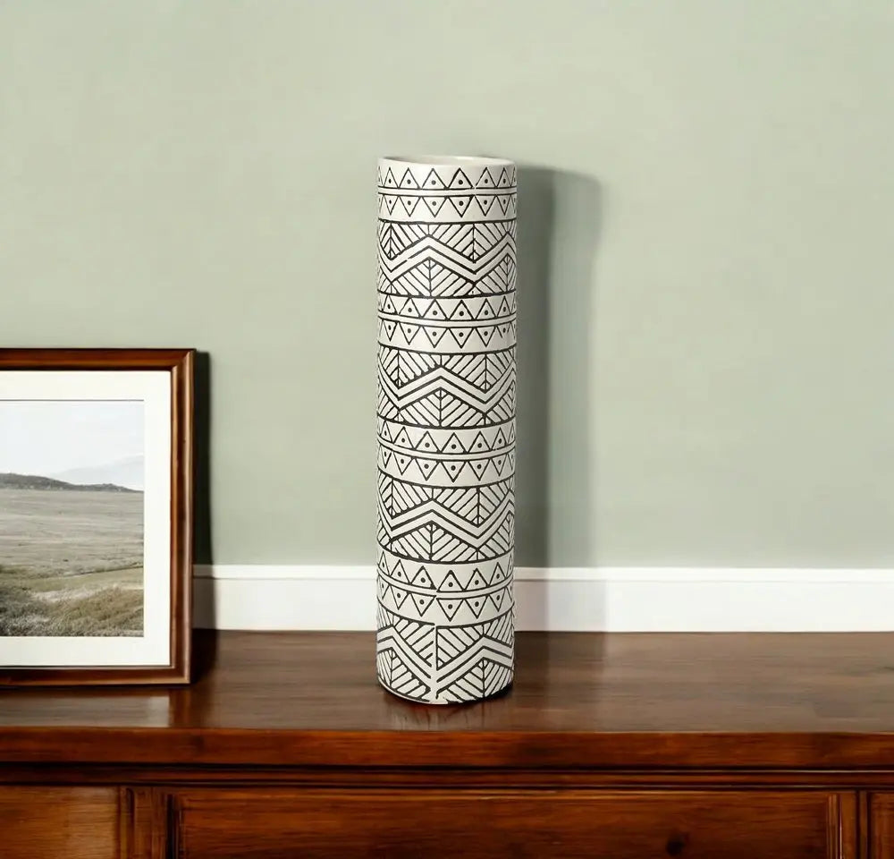 17" Cream and Charcoal Geometric Cylinder Ceramic Vase HomeRoots