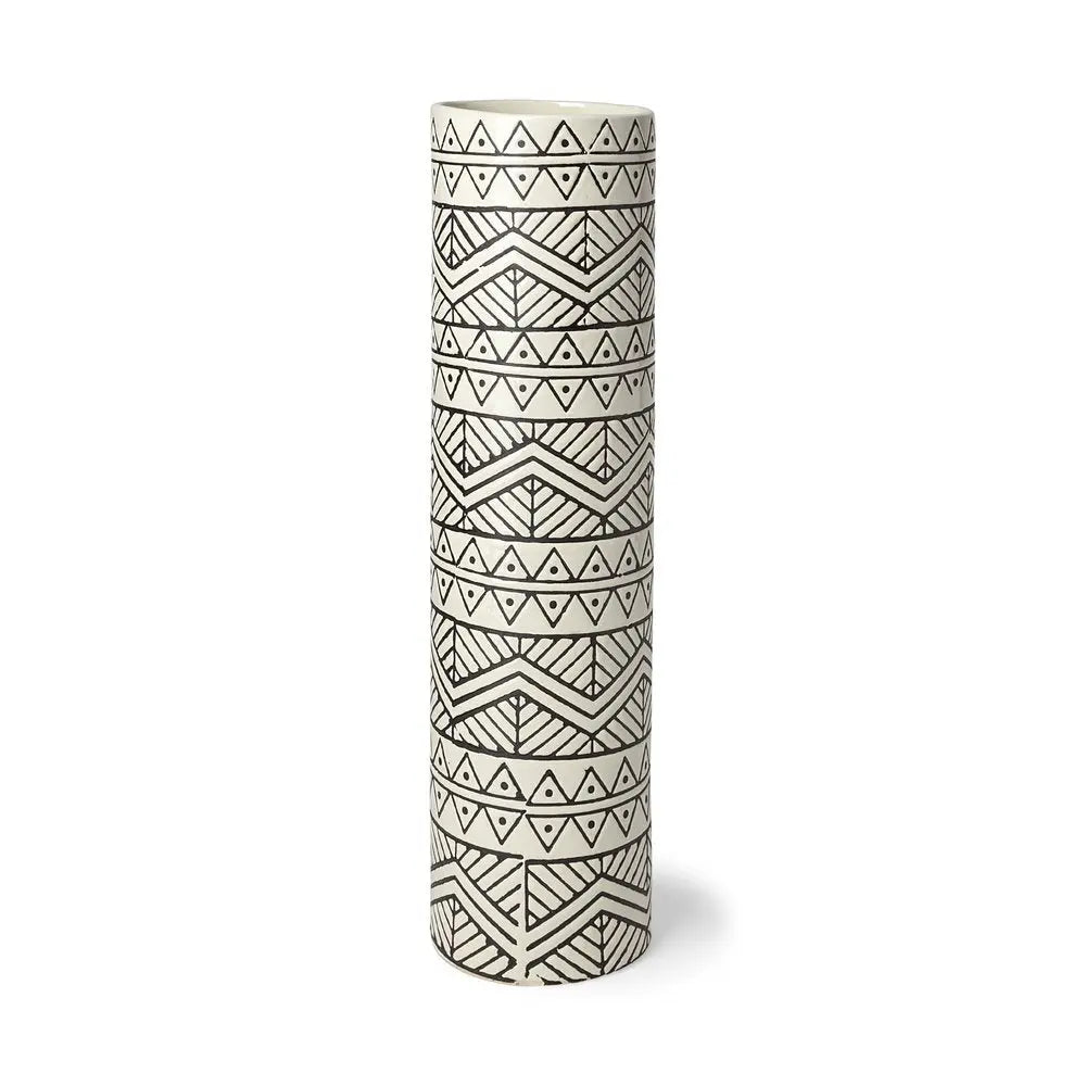 17" Cream and Charcoal Geometric Cylinder Ceramic Vase HomeRoots