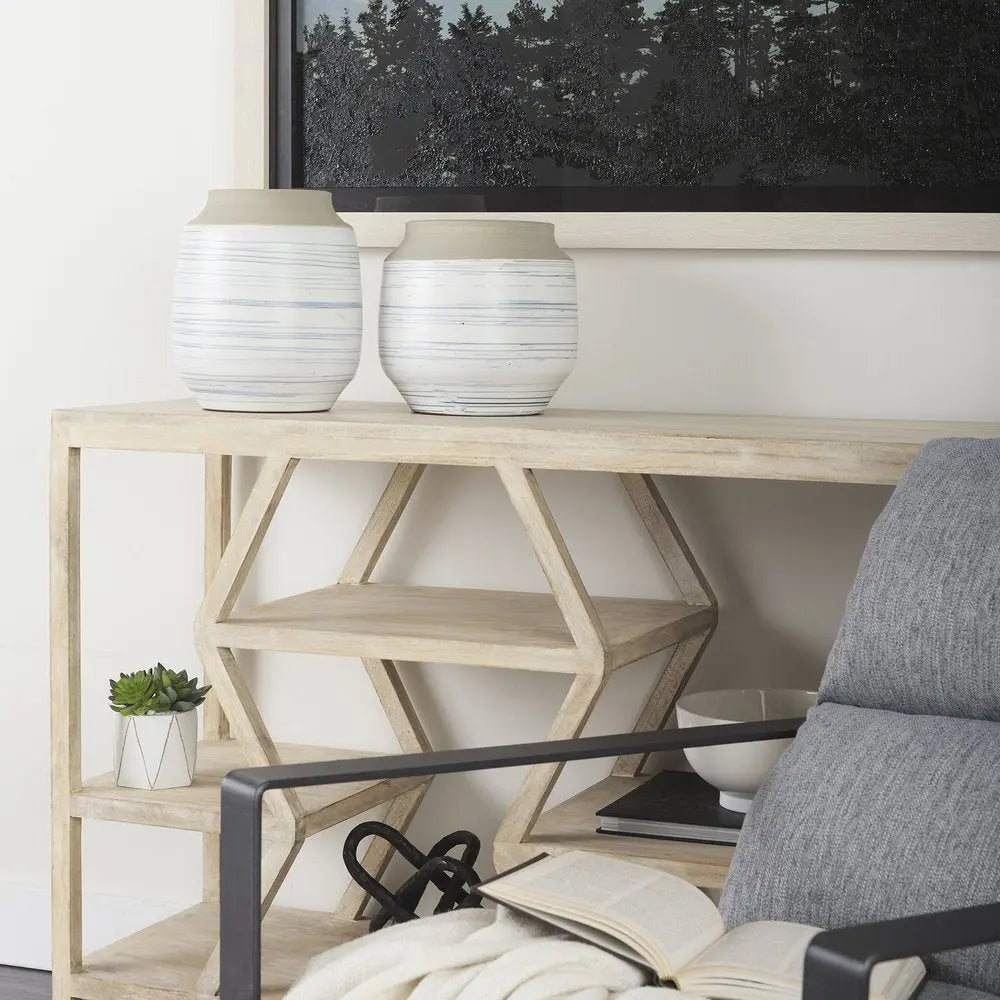 10" Blue Sand And White Abstract Cylinder Ceramic Table Vase HomeRoots