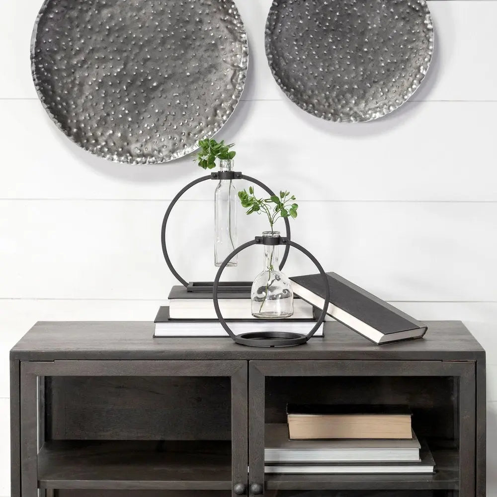 8" Clear and Black Glass and Metal Abstract Cylinder Table Vase HomeRoots