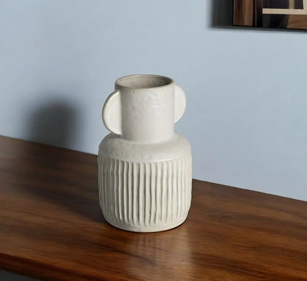 12" White Ribbed Cylinder Ceramic Table Vase HomeRoots