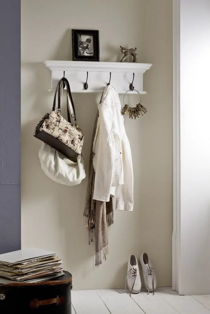 28" Classic White Wood Four Hook Hanging Coat Rack HomeRoots
