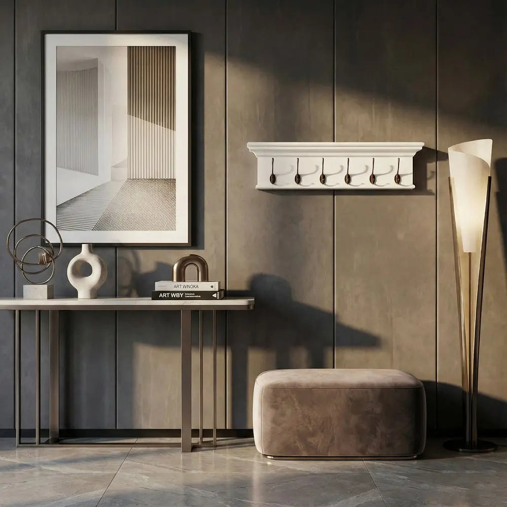 39" Classic White Wood Six Hook Hanging Coat Rack HomeRoots