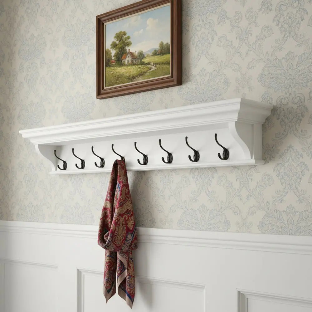 Classic White Wood Wide Eight Hook Coat Rack HomeRoots