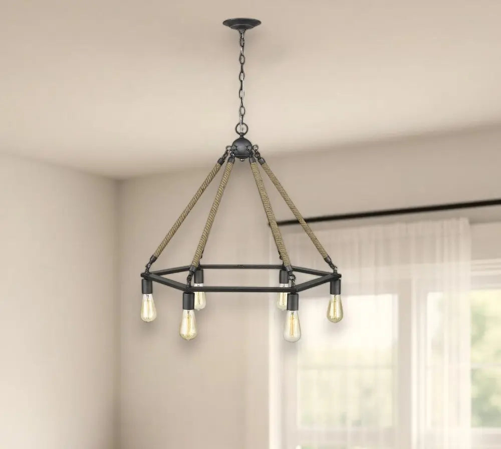 Brown and Black Six Light Metal Dimmable Chandelier HomeRoots