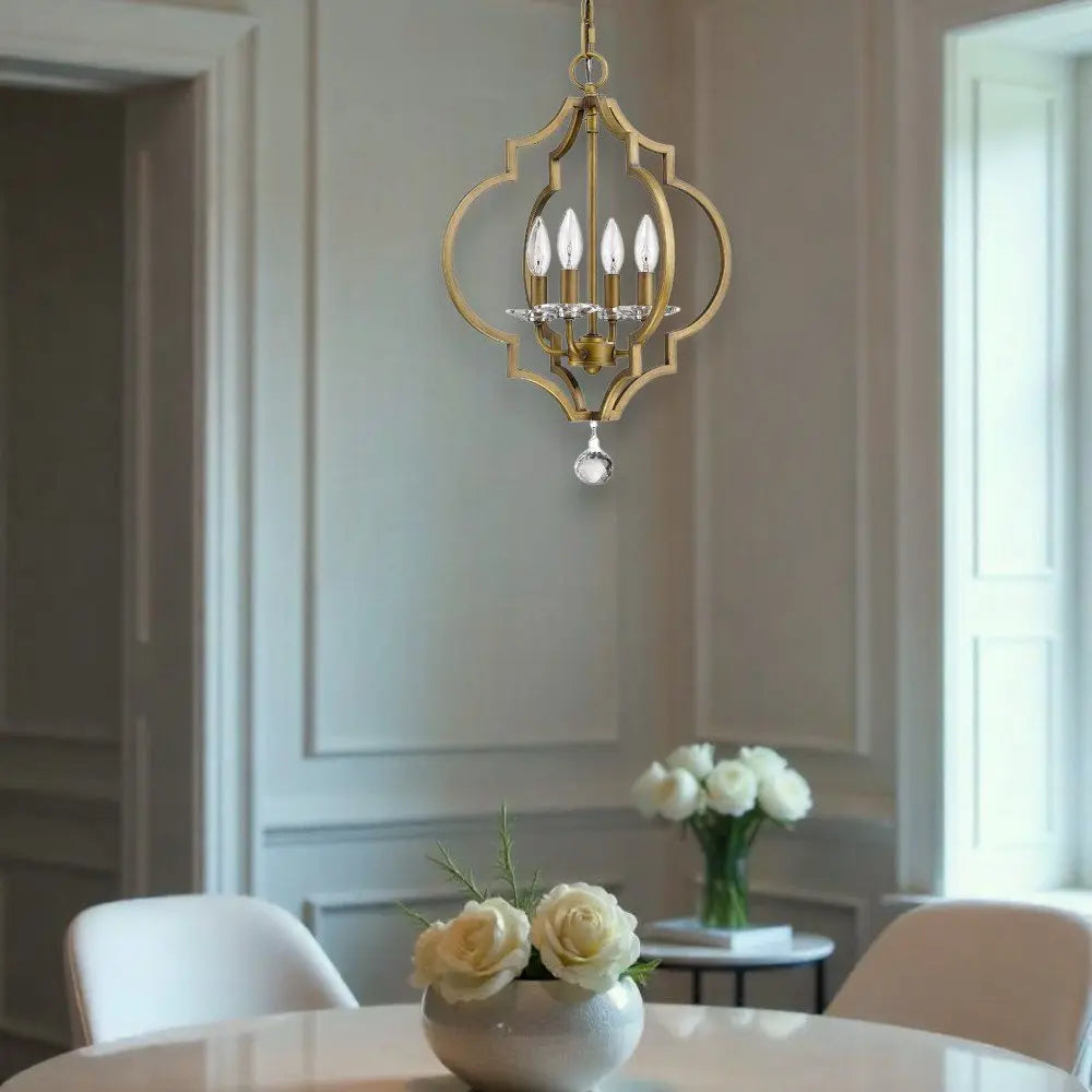 Brass Candle Style Four Light Metal and Crystals Dimmable Chandelier HomeRoots