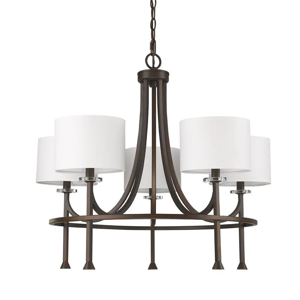Brown Candle Style Five Light Metal and Crystals Dimmable Chandelier With White Shades HomeRoots