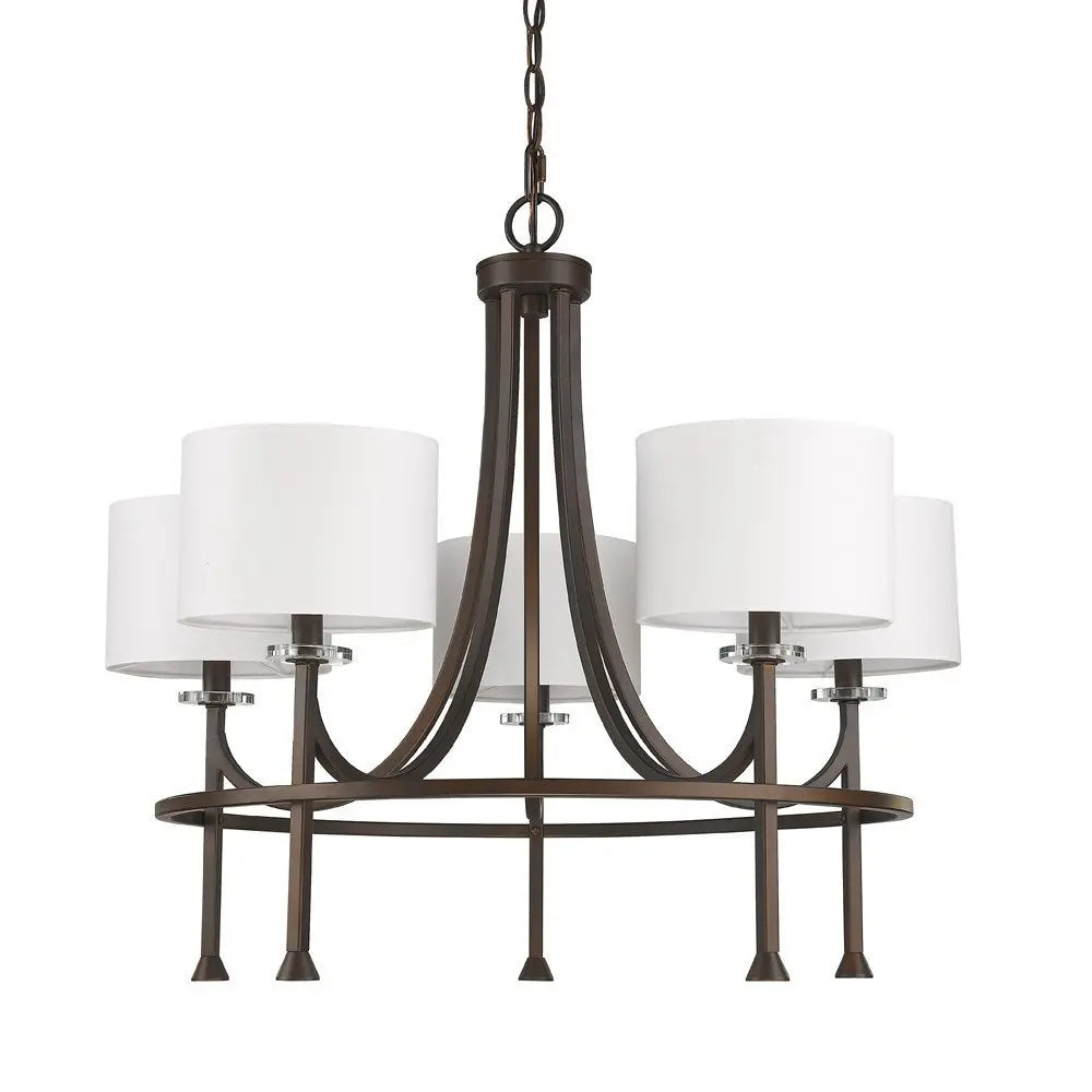 Brown Candle Style Five Light Metal and Crystals Dimmable Chandelier With White Shades HomeRoots