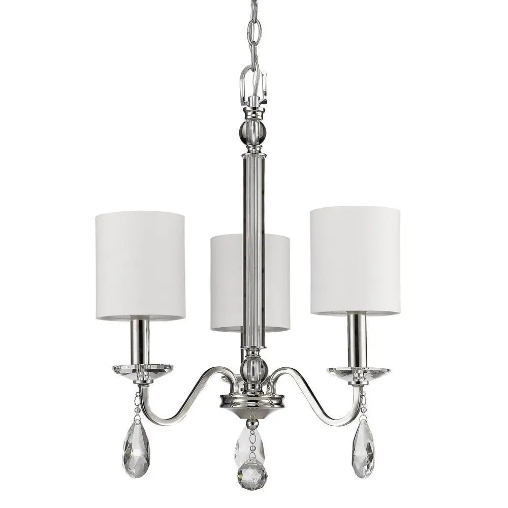 Silver Candle Style Three Light Metal and Crystals Dimmable Chandelier With White Shades HomeRoots