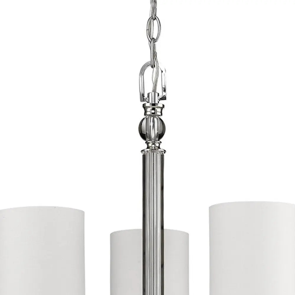 Silver Candle Style Three Light Metal and Crystals Dimmable Chandelier With White Shades HomeRoots