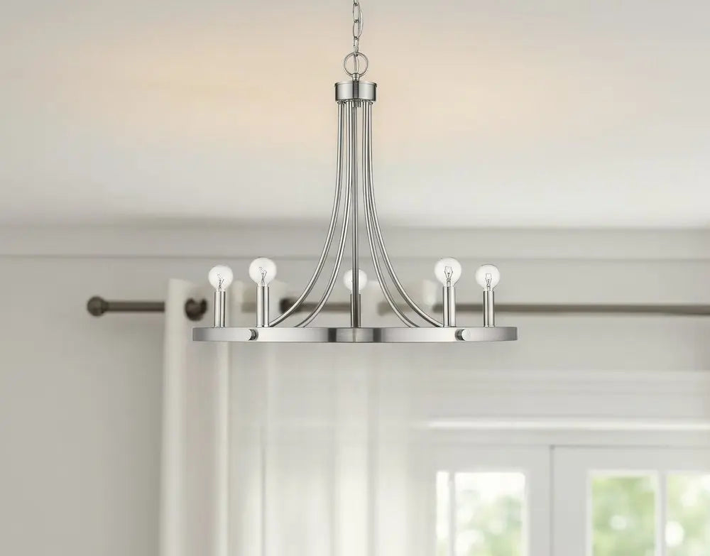 Silver Candle Style Five Light Metal Dimmable Chandelier HomeRoots