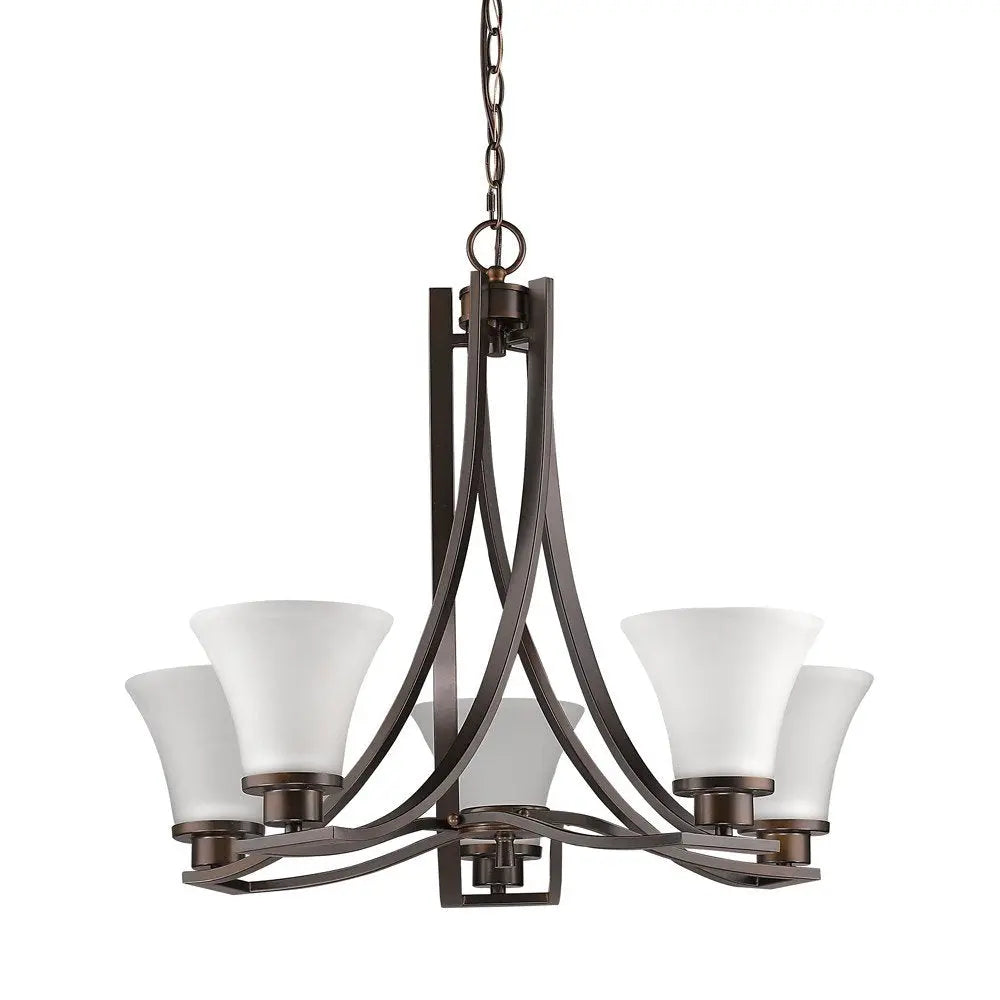 Bronze Candle Style Five Light Frosted Metal Dimmable Chandelier With White Shades HomeRoots