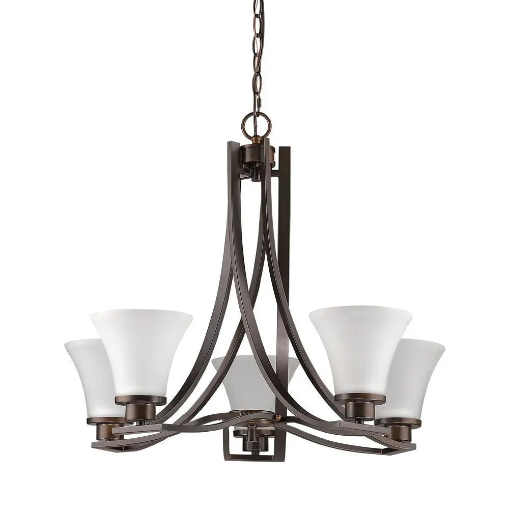 Bronze Candle Style Five Light Frosted Metal Dimmable Chandelier With White Shades HomeRoots
