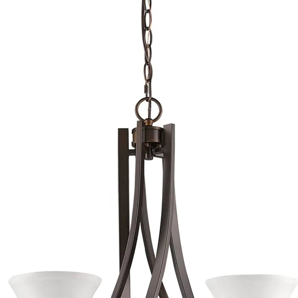 Bronze Candle Style Five Light Frosted Metal Dimmable Chandelier With White Shades HomeRoots