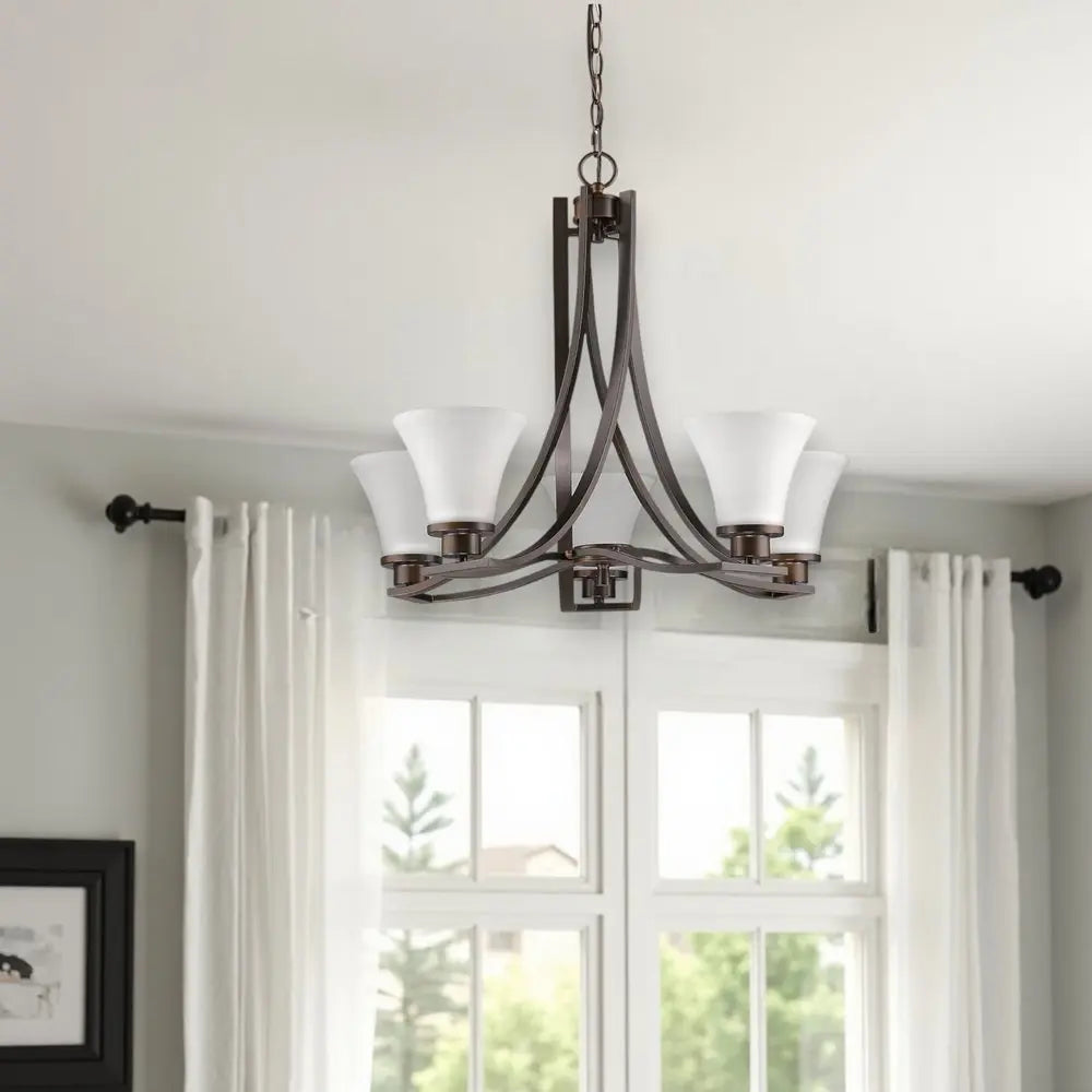 Bronze Candle Style Five Light Frosted Metal Dimmable Chandelier With White Shades HomeRoots