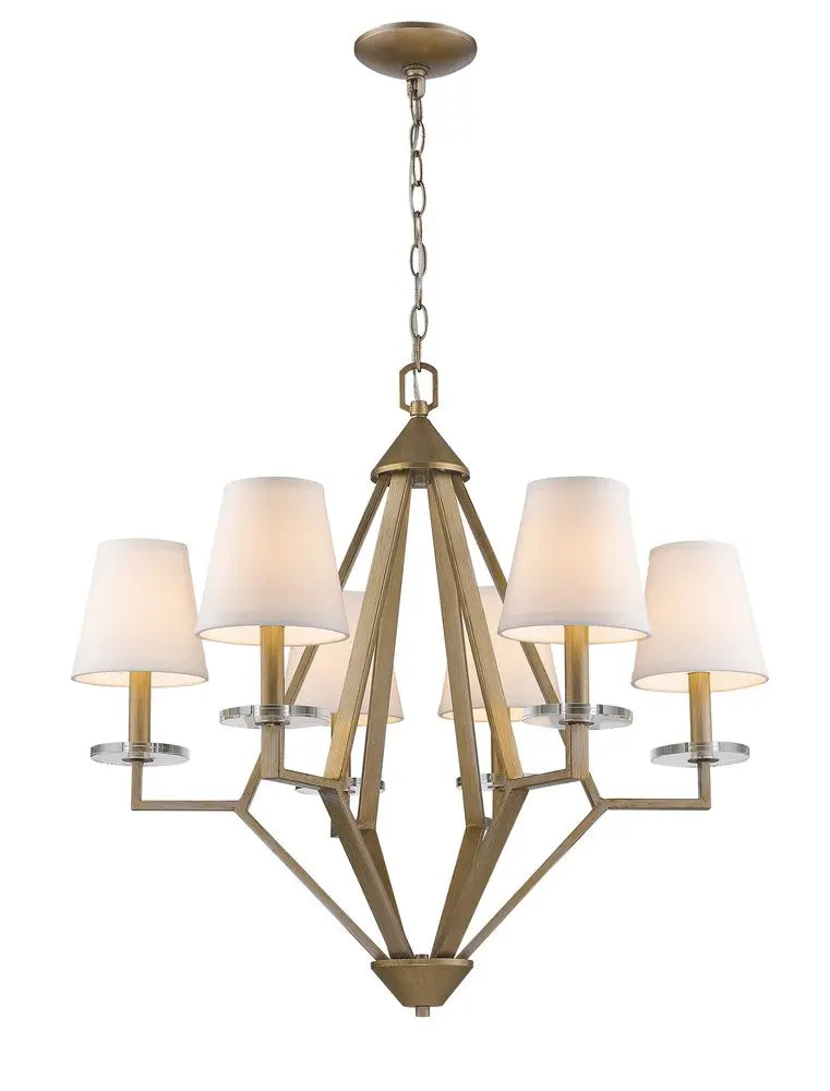 Gold Candle Style Six Light Metal and Crystals Dimmable Chandelier With White Shades HomeRoots