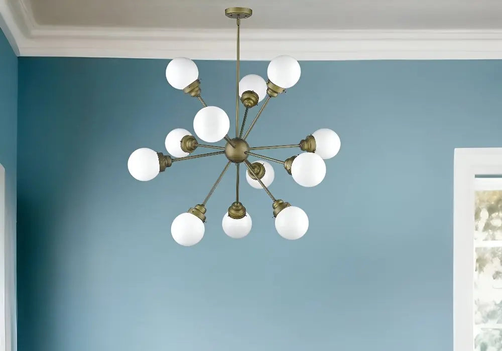 Bronze Sputnik Twelve Light Frosted Metal Dimmable Chandelier With Off White Shades HomeRoots