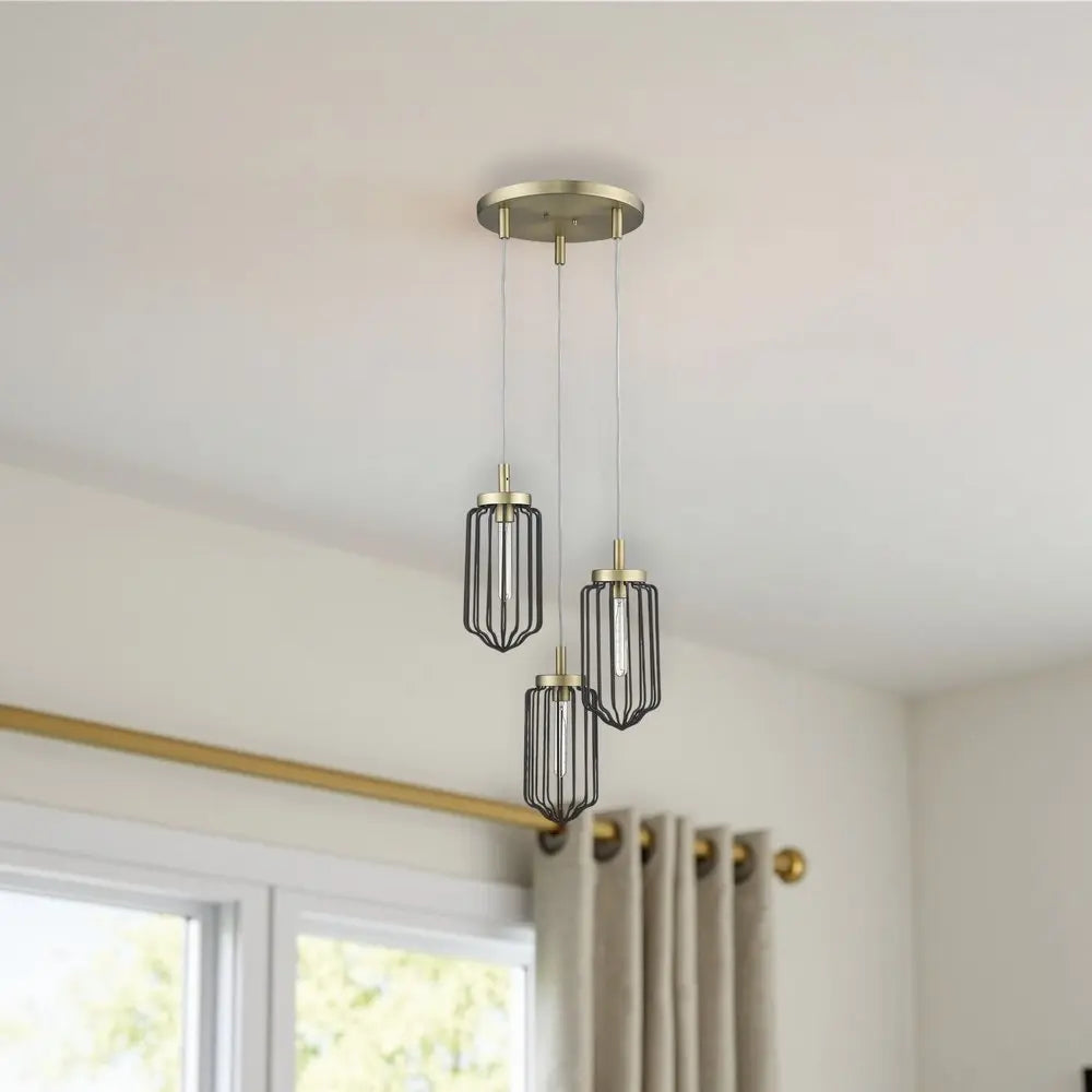 Gold Caged Three Light Metal Dimmable Chandelier With Black Shades HomeRoots
