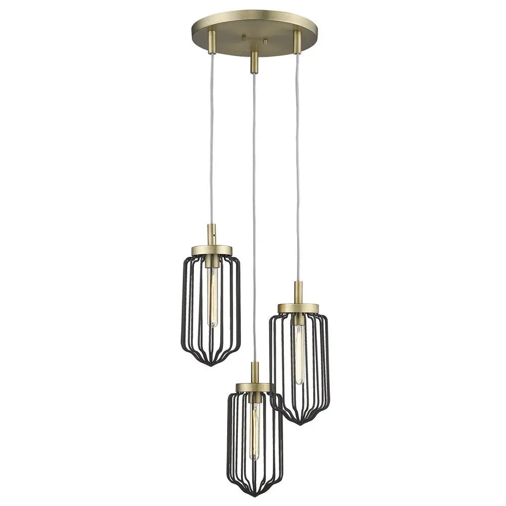 Gold Caged Three Light Metal Dimmable Chandelier With Black Shades HomeRoots