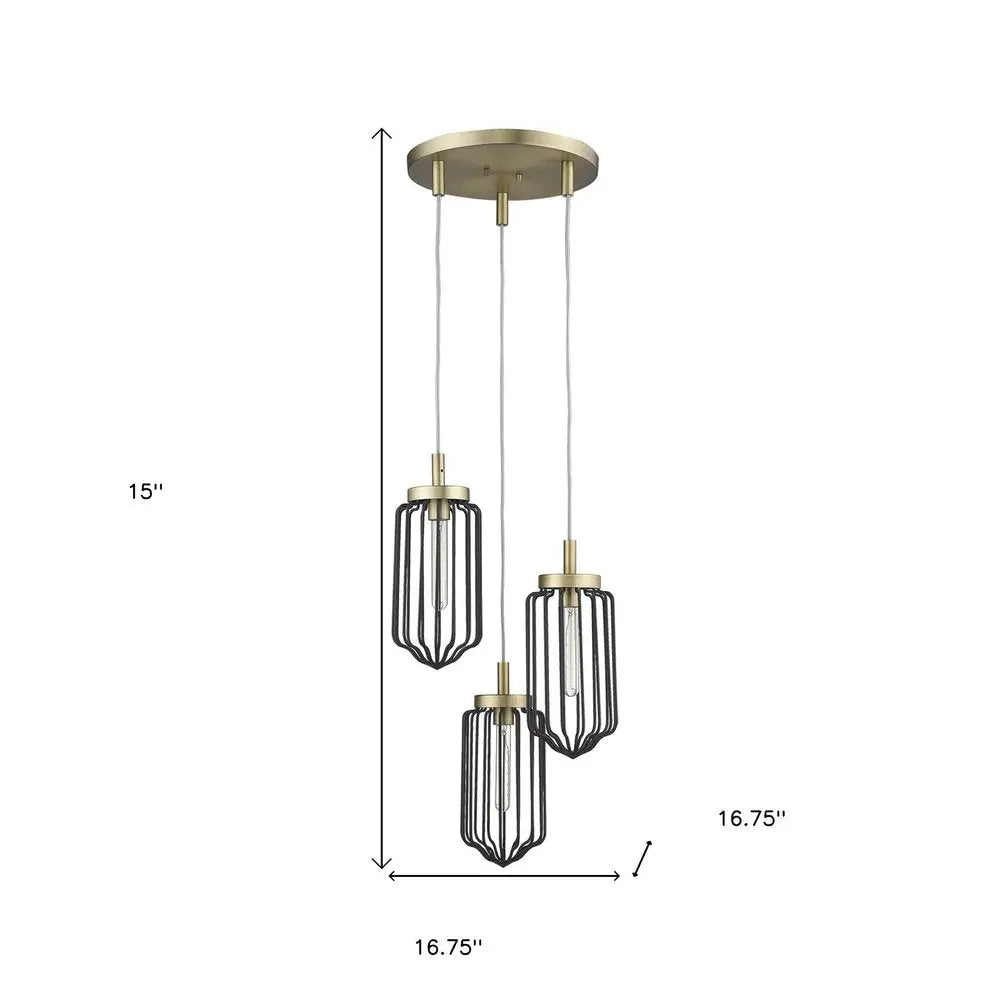 Gold Caged Three Light Metal Dimmable Chandelier With Black Shades HomeRoots