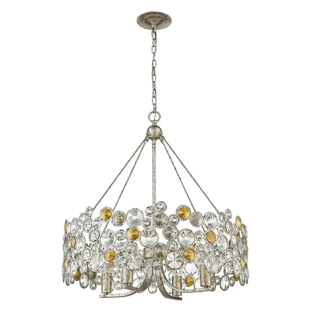 Silver Shaded Four Light Metal and Crystals Dimmable Chandelier With Silver Shades HomeRoots