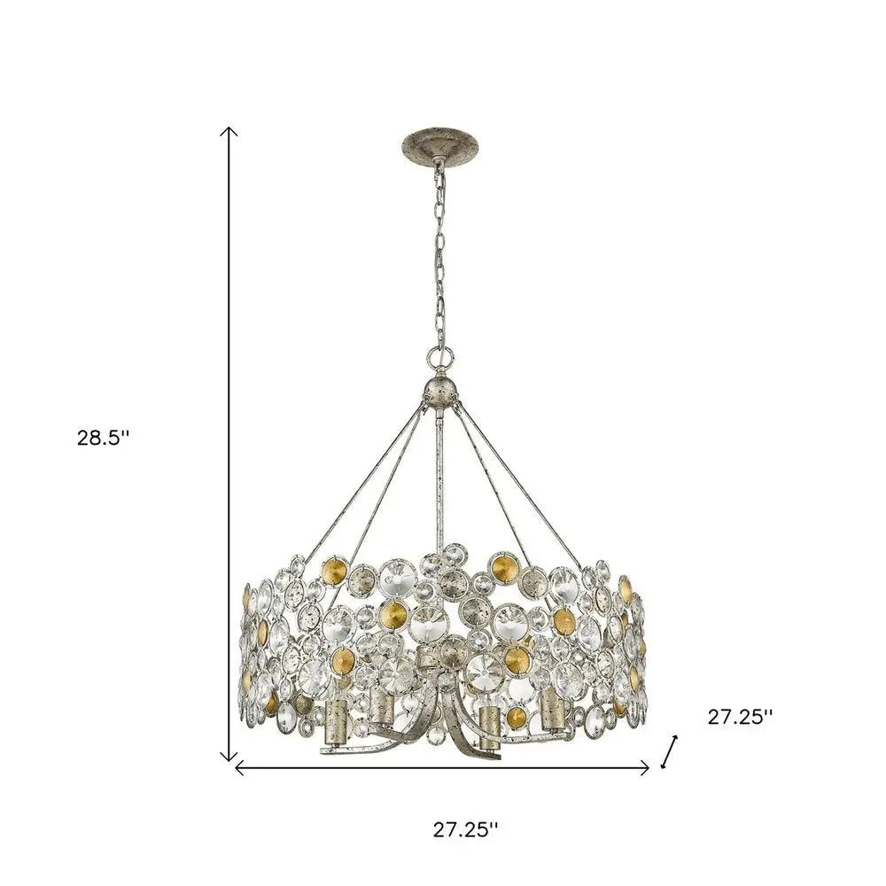 Silver Shaded Four Light Metal and Crystals Dimmable Chandelier With Silver Shades HomeRoots