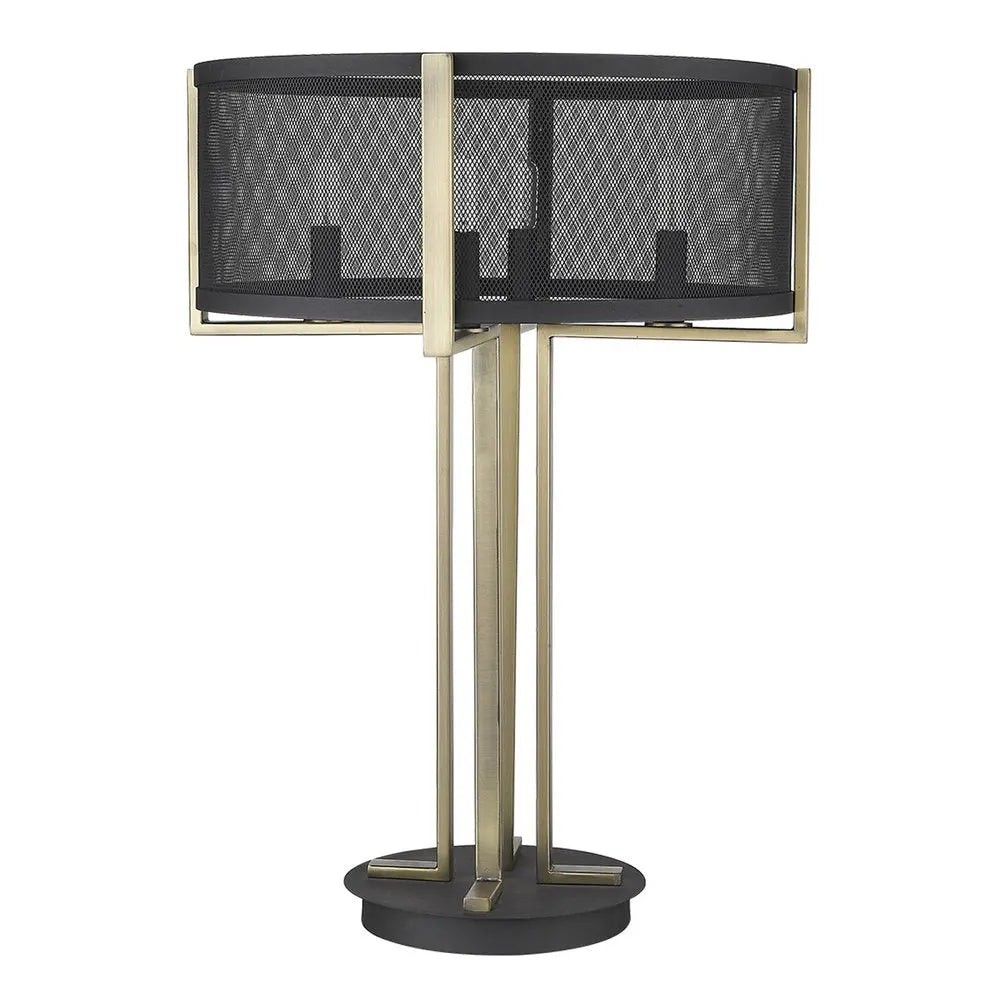 25" Brass Metal Four Light Geometric Table Lamp With Black Drum Shade HomeRoots