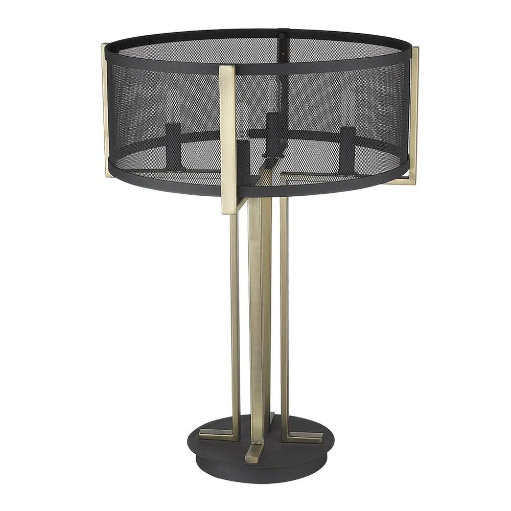 25" Brass Metal Four Light Geometric Table Lamp With Black Drum Shade HomeRoots