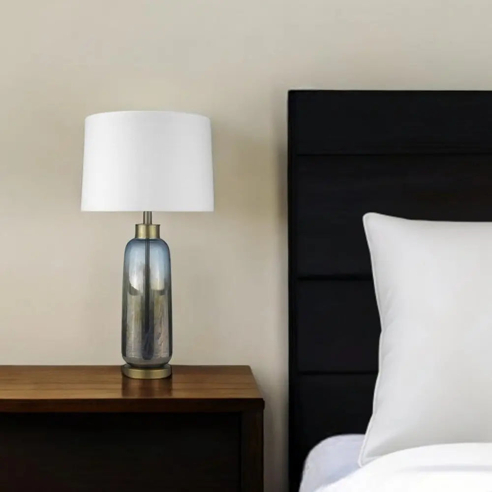 31" Steel Blue Glass Table Lamp With White Empire Shade HomeRoots