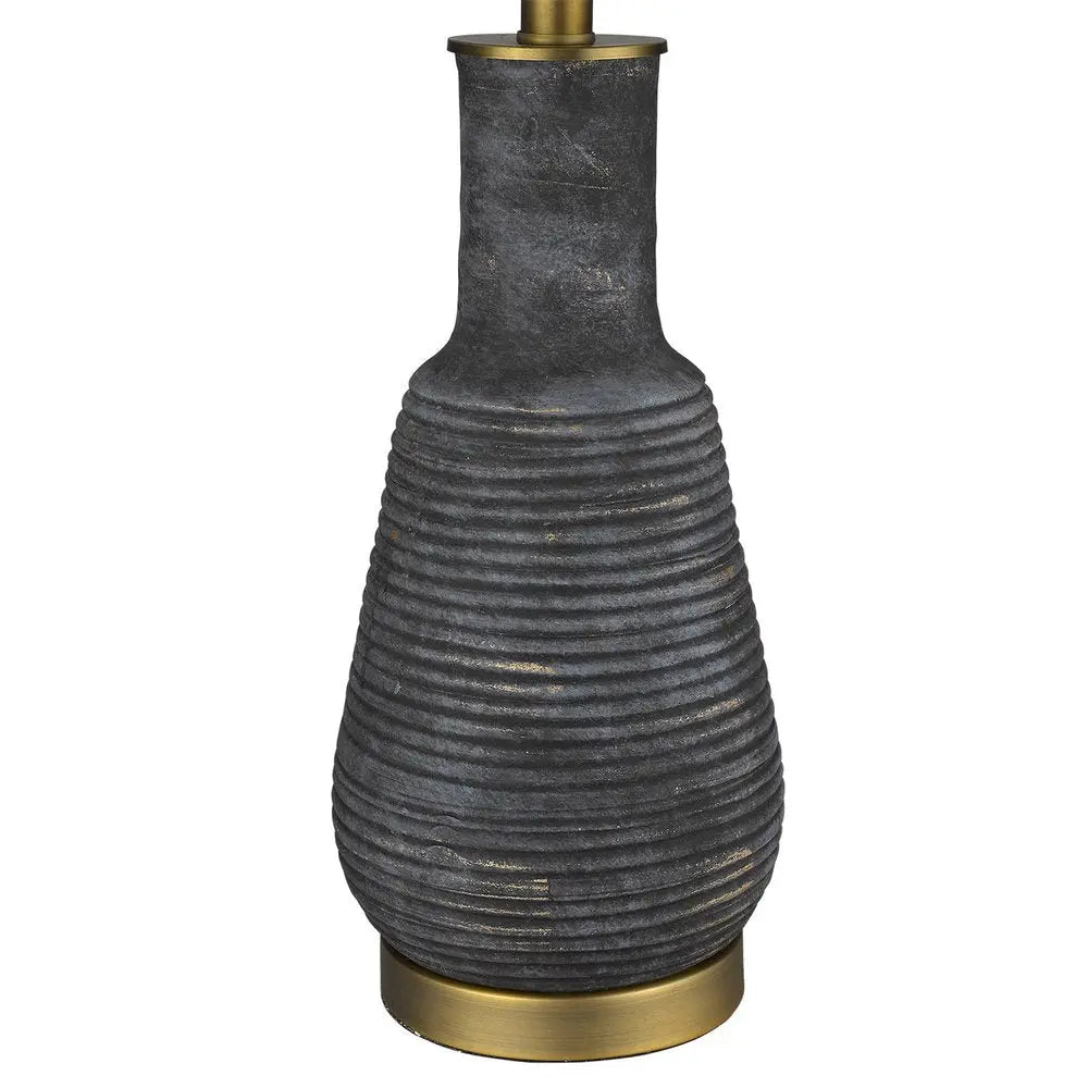 26" Distressed Black and Gold Ceramic Table Lamp With White Drum Shade HomeRoots