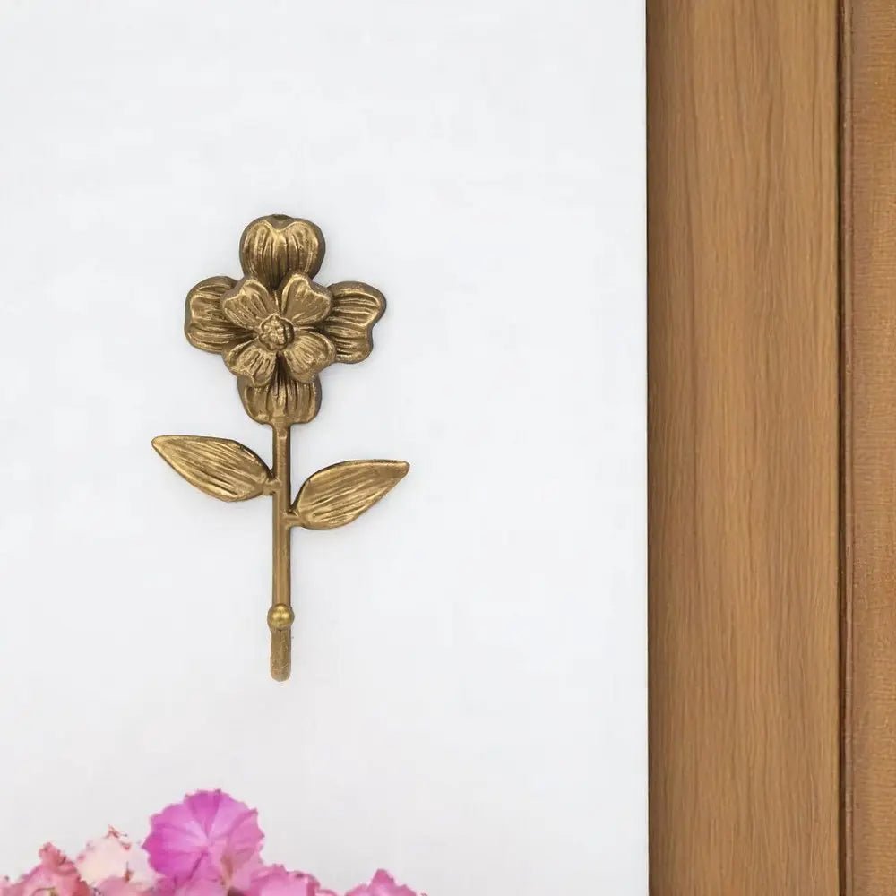 4" Antiqued Gold Cast Iron Flower Wall Hook - NOBLE HOME INTERIORS