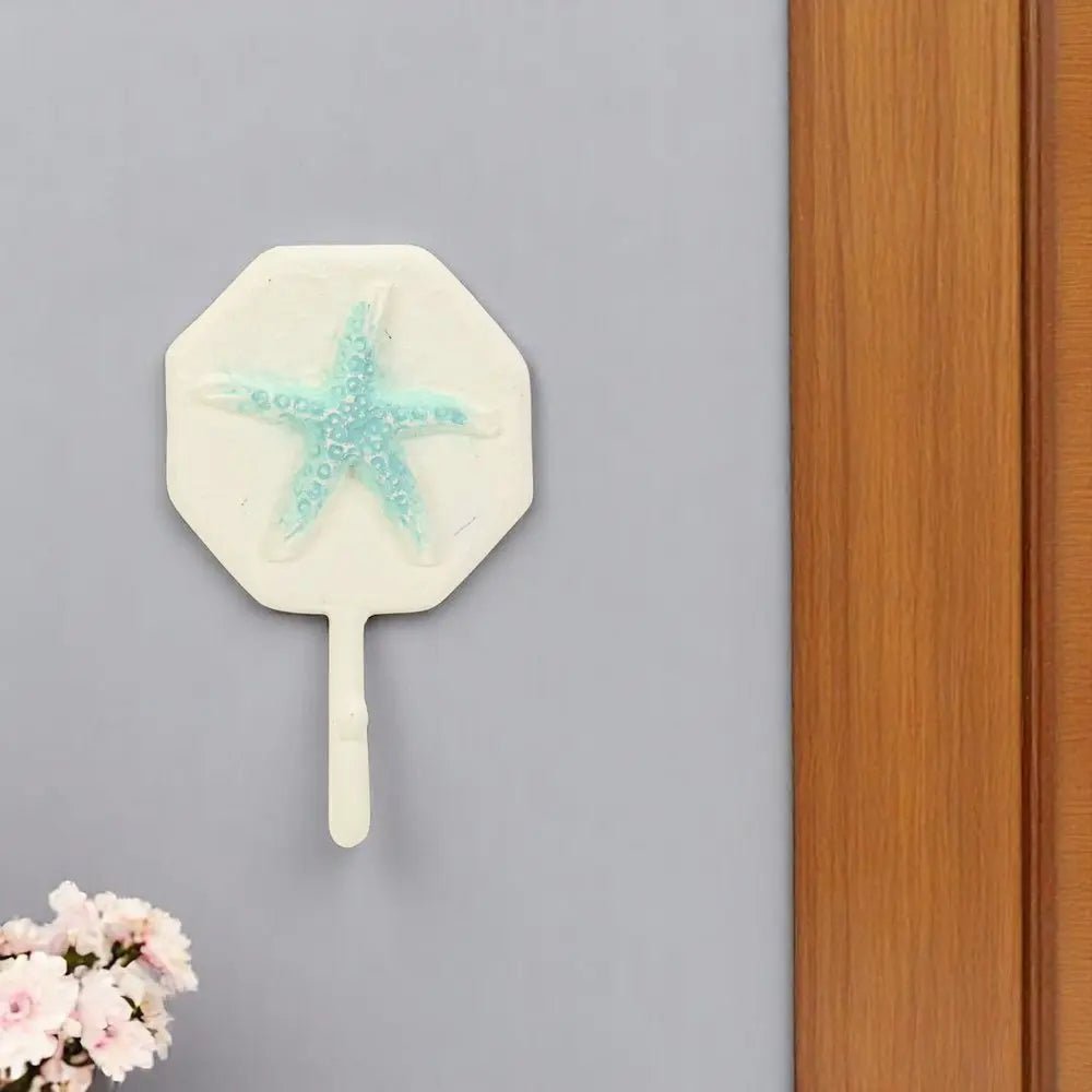 4" Aqua And Cream Cast Iron Starfish Wall Hook - NOBLE HOME INTERIORS