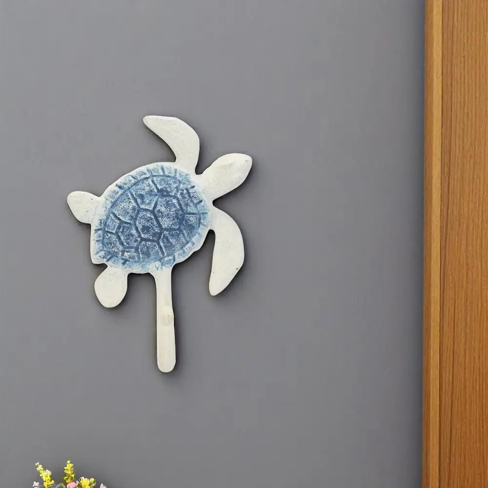 4" Blue And White Cast Iron Turtle Wall Hook - NOBLE HOME INTERIORS