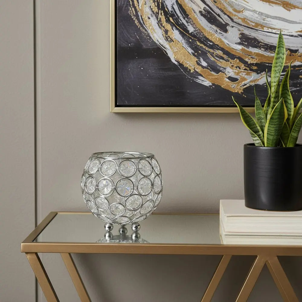 4" Clear And Silver Faux Crystal And Metal Round Table Vase - NOBLE HOME INTERIORS