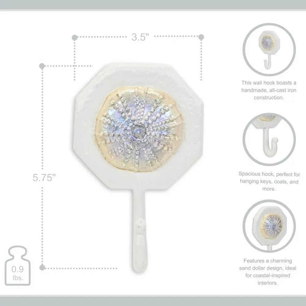 4" Pearl And White Cast Iron Sand Dollar Wall Hook - NOBLE HOME INTERIORS