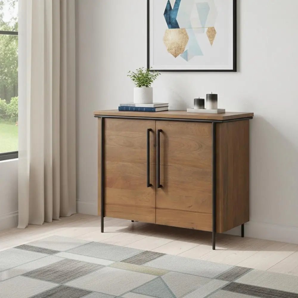 40" Brown and Black Solid Wood and Metal Accent Cabinet With Two Doors - NOBLE HOME INTERIORS