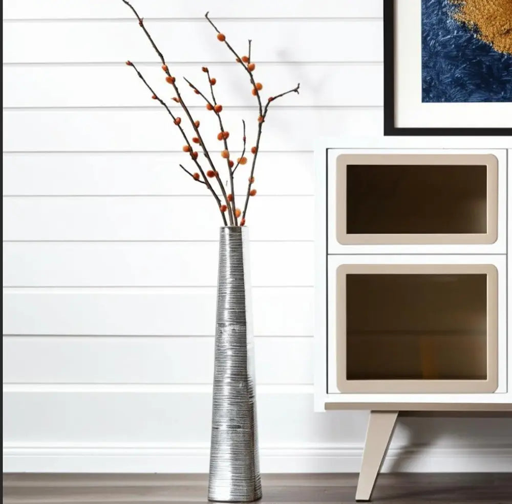 40" Silver Striped Tapered Ceramic Floor Vase - NOBLE HOME INTERIORS