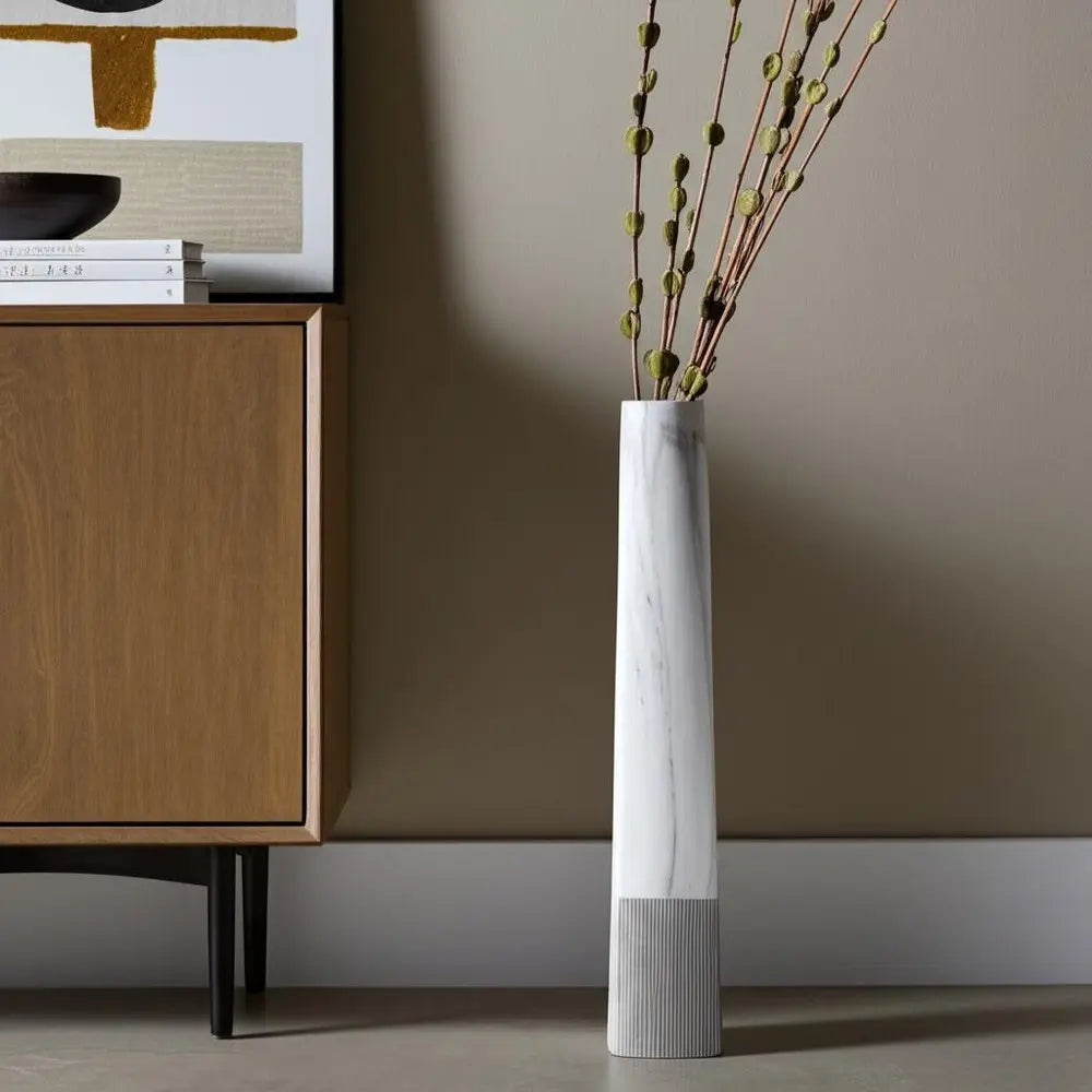 40" White Faux Marble Tapered Ceramic Floor Vase - NOBLE HOME INTERIORS