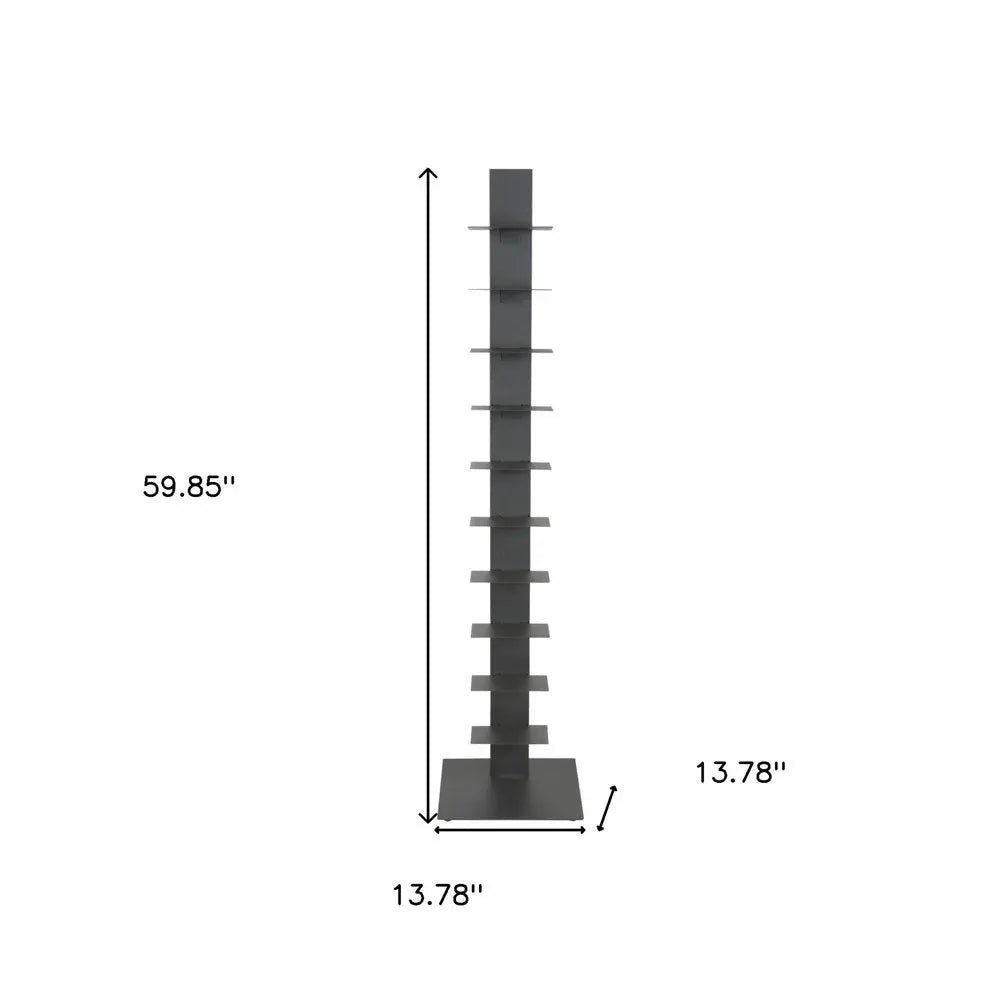 60" Dark Gray Metal Ten Shelf Modern Tower Bookcase HomeRoots