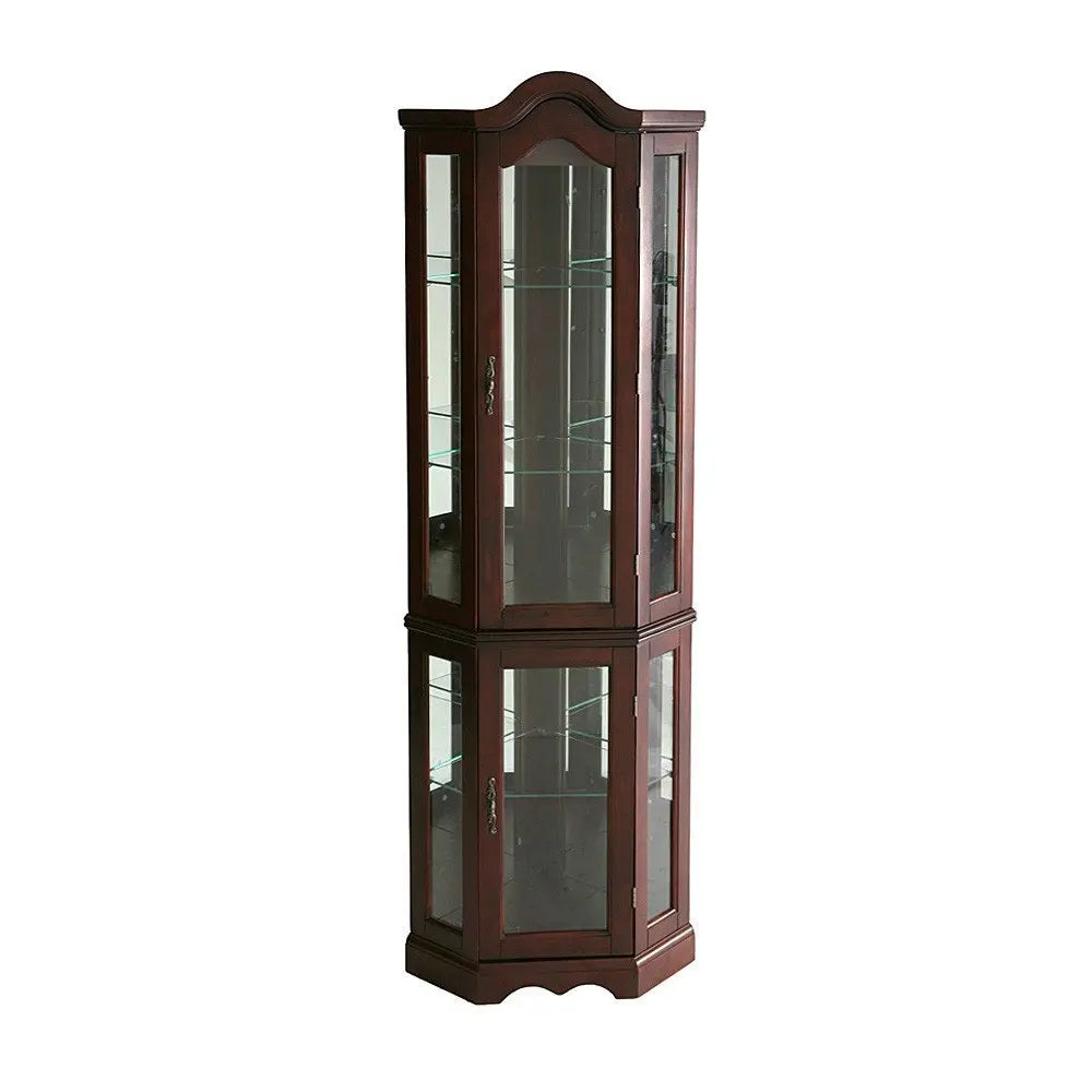 Mahogany Scallop Top Lighted Corner Curio Cabinet HomeRoots