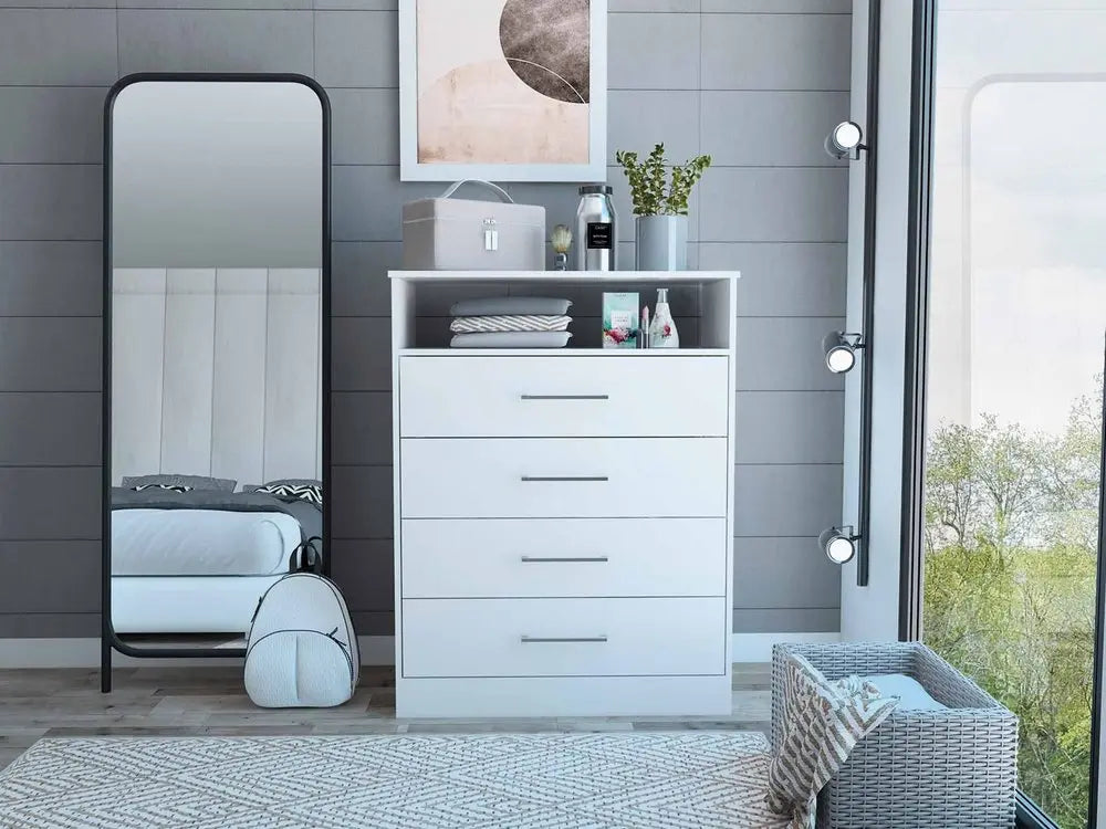 Modern White Four Drawer Dresser with Hutch HomeRoots