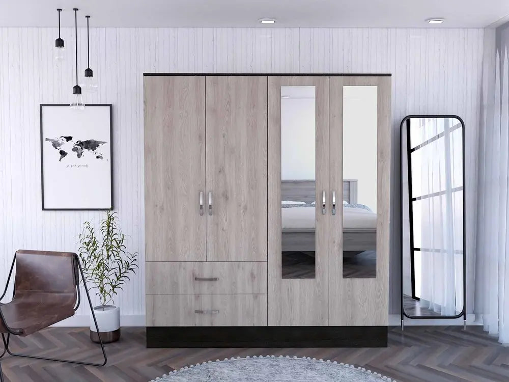 71" Light Oak and Black Four Door Wardrobe Closet with Mirrors HomeRoots
