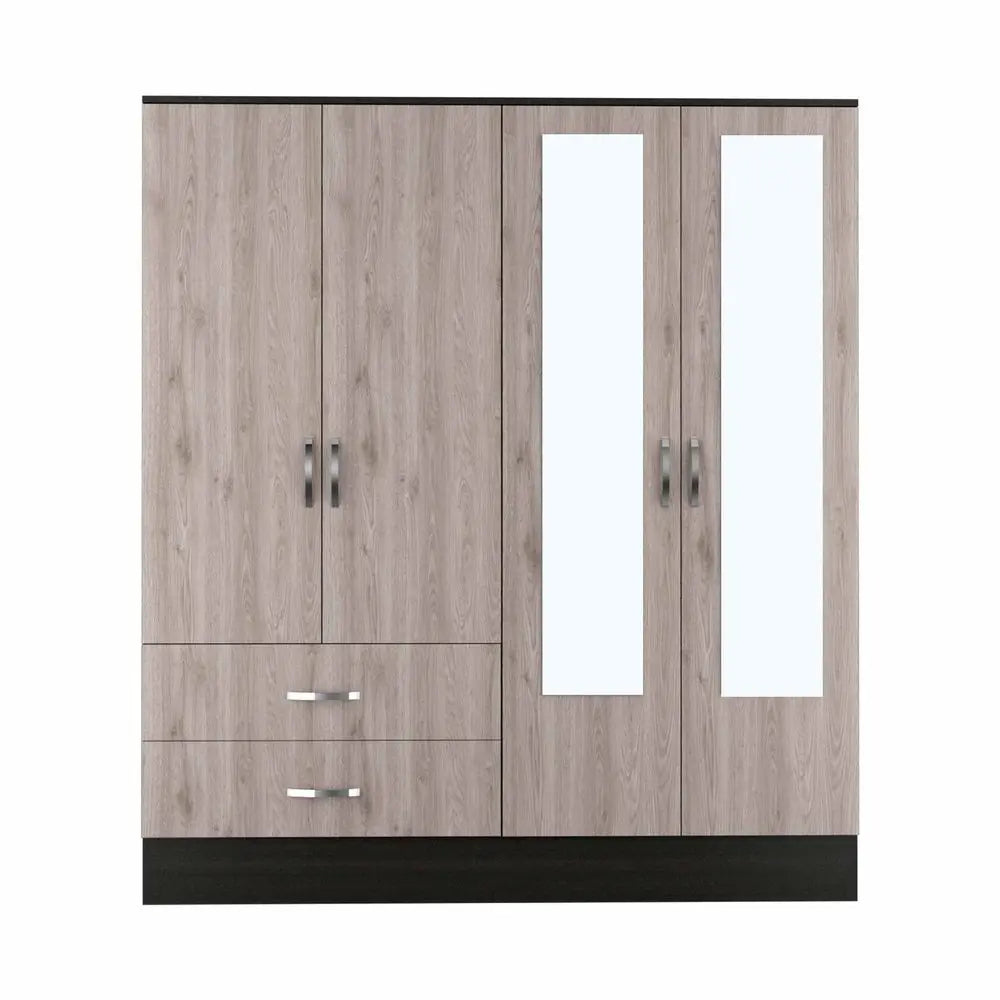 71" Light Oak and Black Four Door Wardrobe Closet with Mirrors HomeRoots