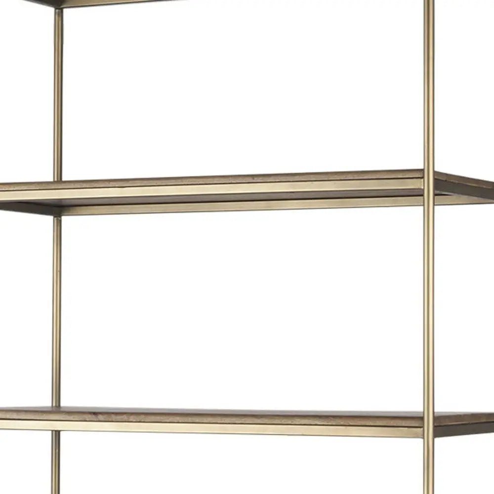 42" Antiqued Brass And Brown Distressed Metal and Solid Wood Four Tier Bookcase with Two Doors - NOBLE HOME INTERIORS