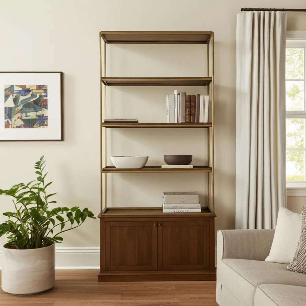 42" Antiqued Brass And Brown Distressed Metal and Solid Wood Four Tier Bookcase with Two Doors - NOBLE HOME INTERIORS